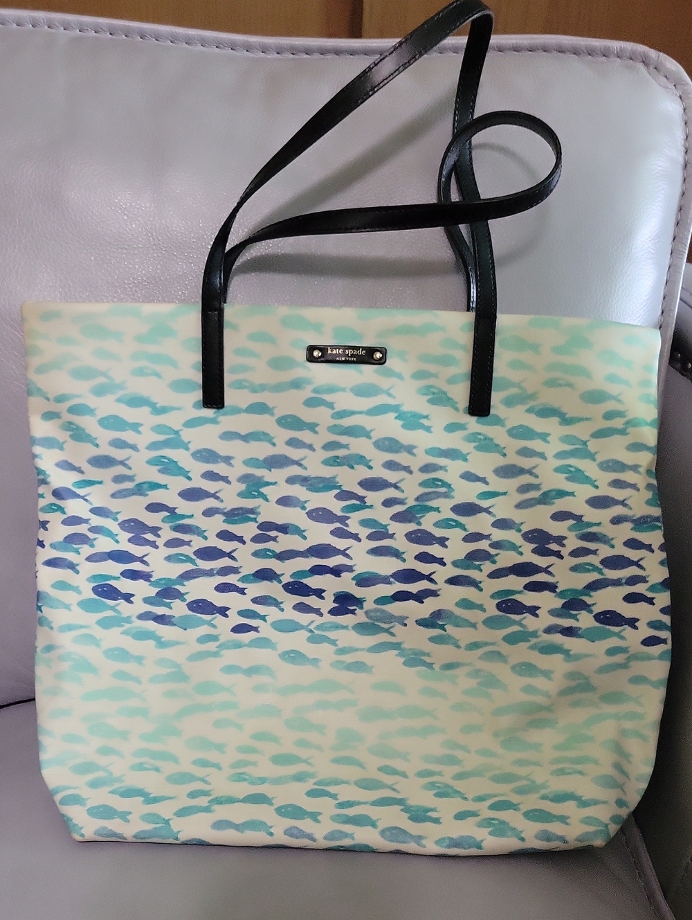 kate spade Cream Tote with Blue Fish Print and Black Straps